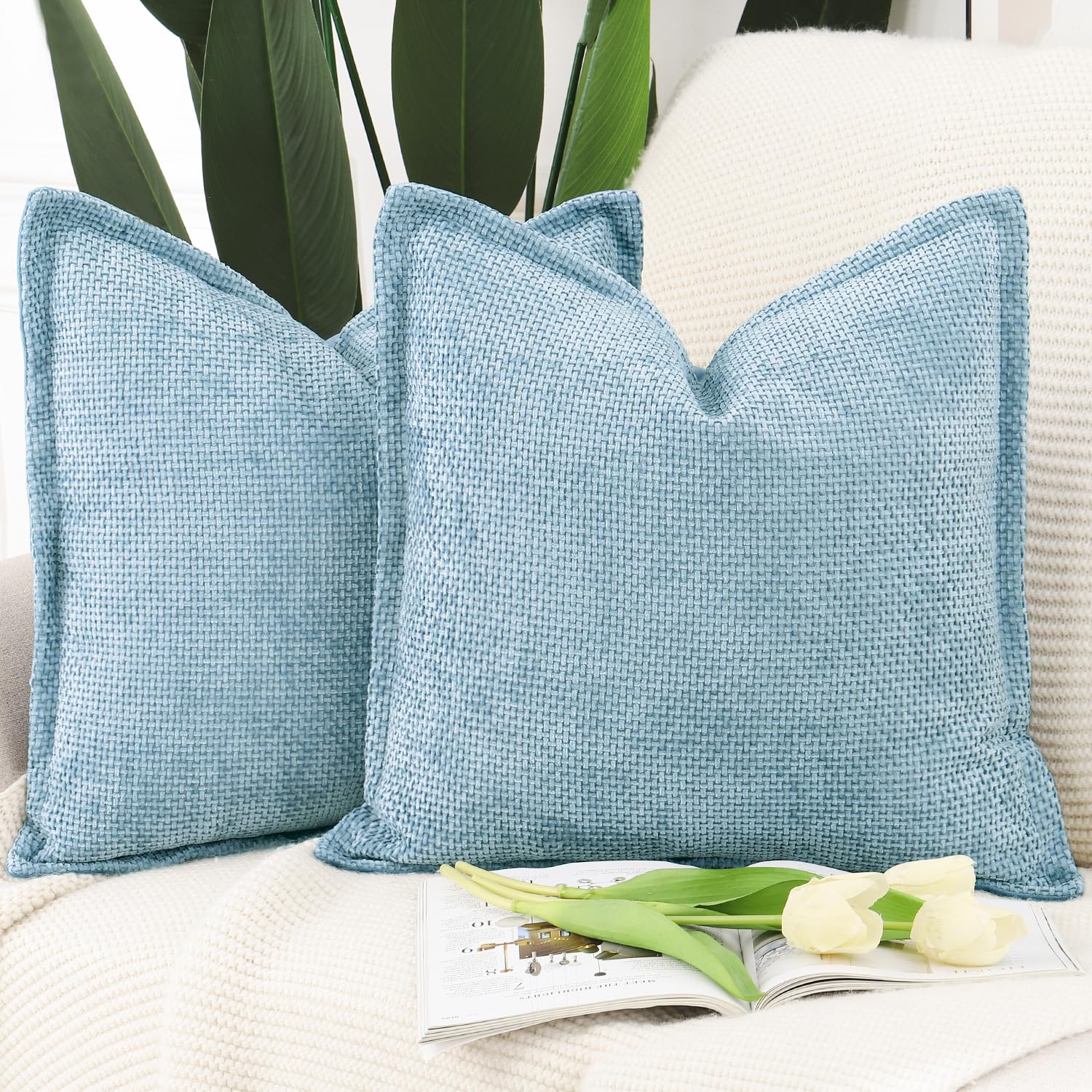 MADIZZ Set of 2 Chenille Velvet Cushion Covers with Flange Soft Boho Textured Throw Pillow Covers Broadside Pillowcases Modern Farmhouse Home Decor for Sofa Bedroom Light Blue 20x20 inch, 50x50 cm