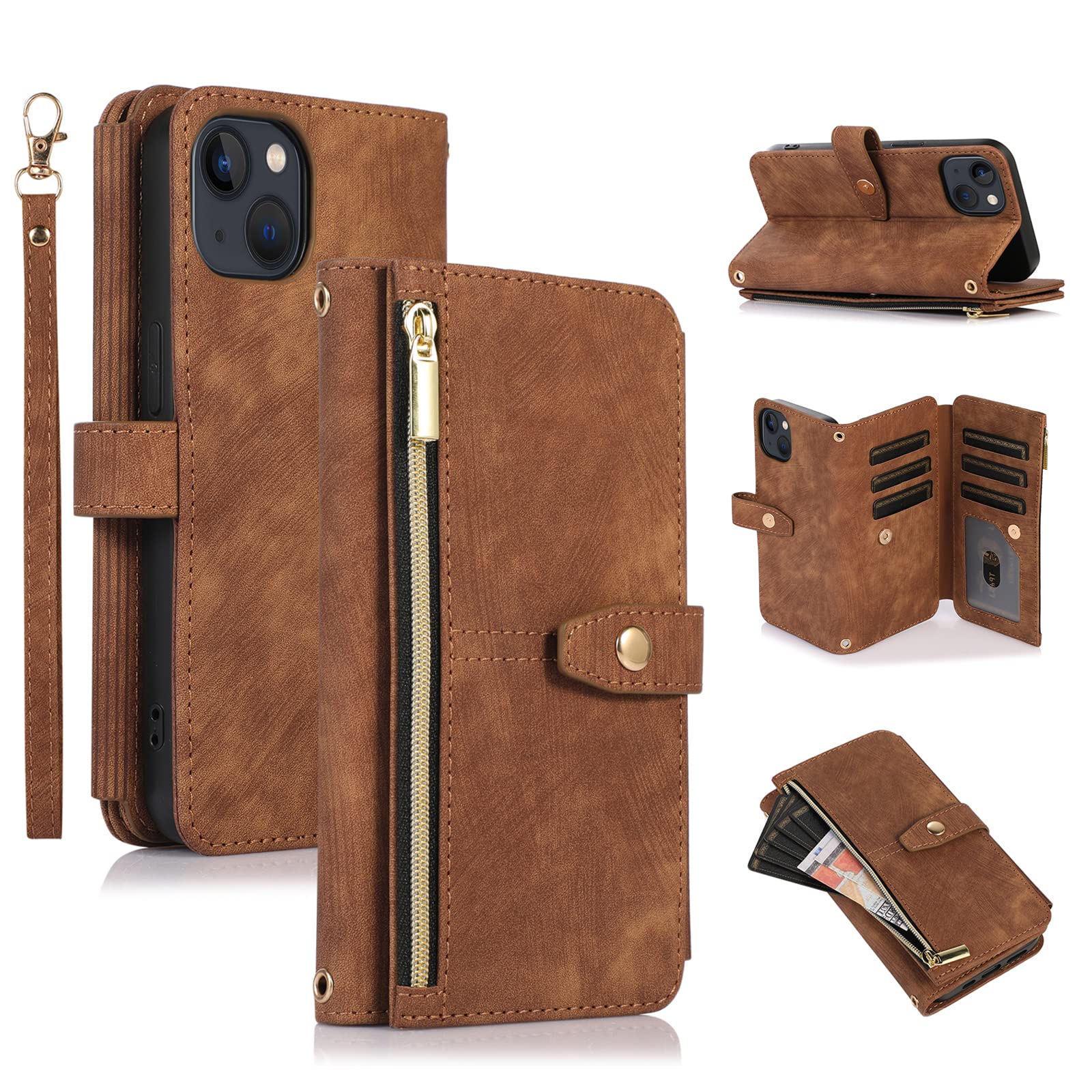 UEEBAI Case for iPhone 13 6.1 inch, 9 Card Slots Retro Leather Wallet Shockproof Flip Cover with Hand Strap Card Slots Zipper Pocket Kickstand Handbag Magnetic Closure - Vintage Brown