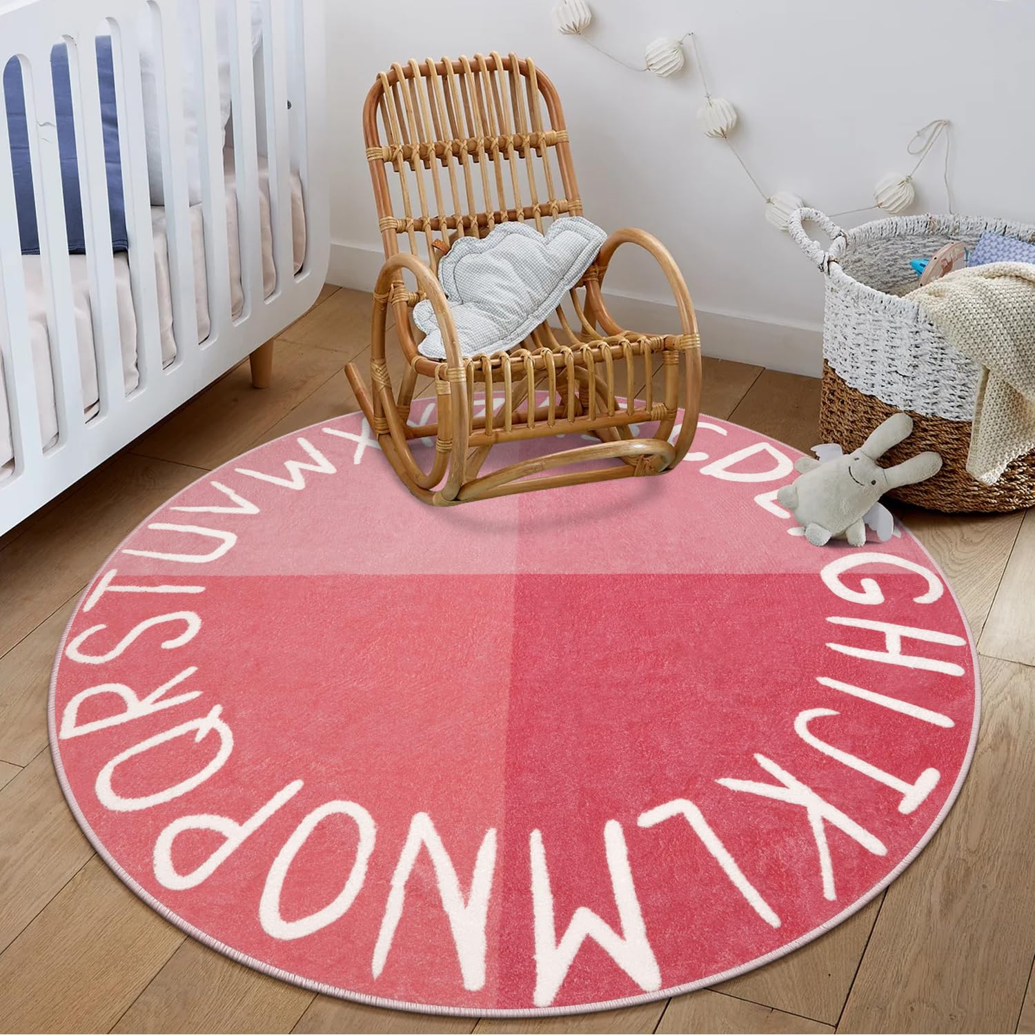 Photo 1 of LIVEBOX ABC Pink Round Rug for Baby Girl, Alphabet Washable Rug Princess Nursery Rug for Toddlers Room, Non-Slip Crawling Play Mat Circle Learning Carpet for Teen Girls Bedroom (47",Pink)