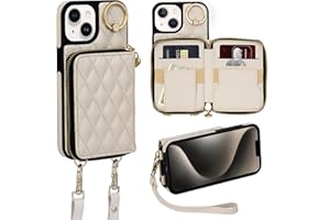 Keallce Case for iPhone 13 6.1'' Wallet Case, Crossbody Zipper Purse with Wrist Strap Lanyard Handbag for Women, RFID Blocking Card Holders, 360° Ring Kickstand Flip Leather Cover for iPhone 13, Beige