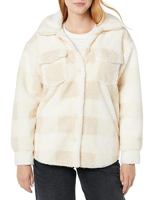 Amazon Essentials Women's Oversized Teddy Sherpa Shirt Jacket (Previously Goodthreads), Beige Ivory Buffalo Plaid, X-Small