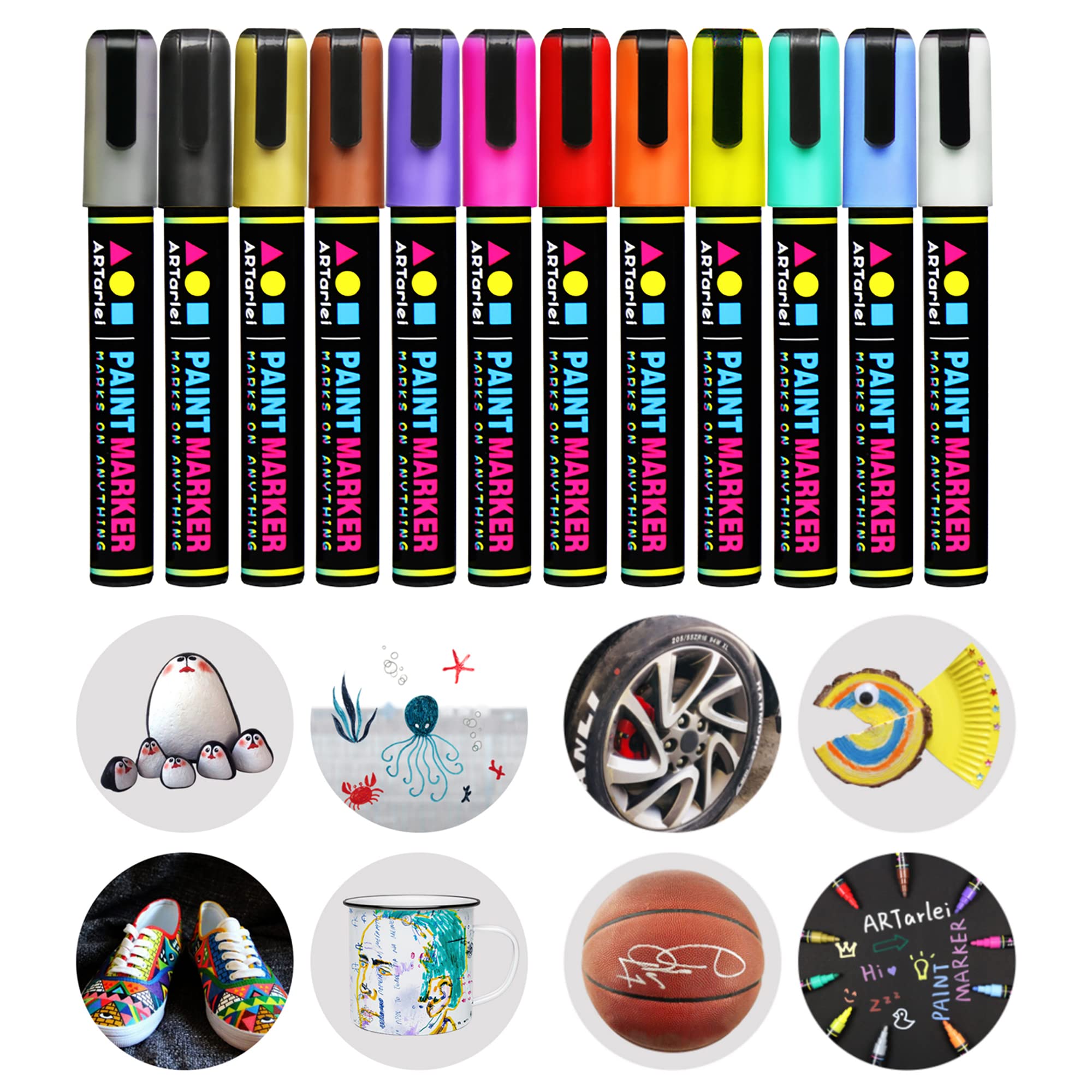 ARTarlei Acrylic Paint Pens for Rock Painting, Stone, Fabric, Glass, Canvas, Ceramic, Wood, Set of 12 Color Medium tip, Waterproof, Quick Dry, Permanent and Oil Based Paint Markers