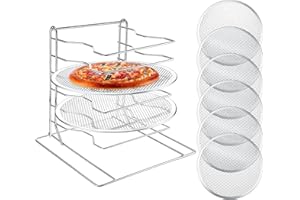 Zhehao Pizza Rack 6 Tiered Stand 13.4'' H x 12'' L x 12'' W and 6 Pcs 12'' Pans with Holes, Aluminum Baking Set for Easy Storage and Baking Multiple Pizzas