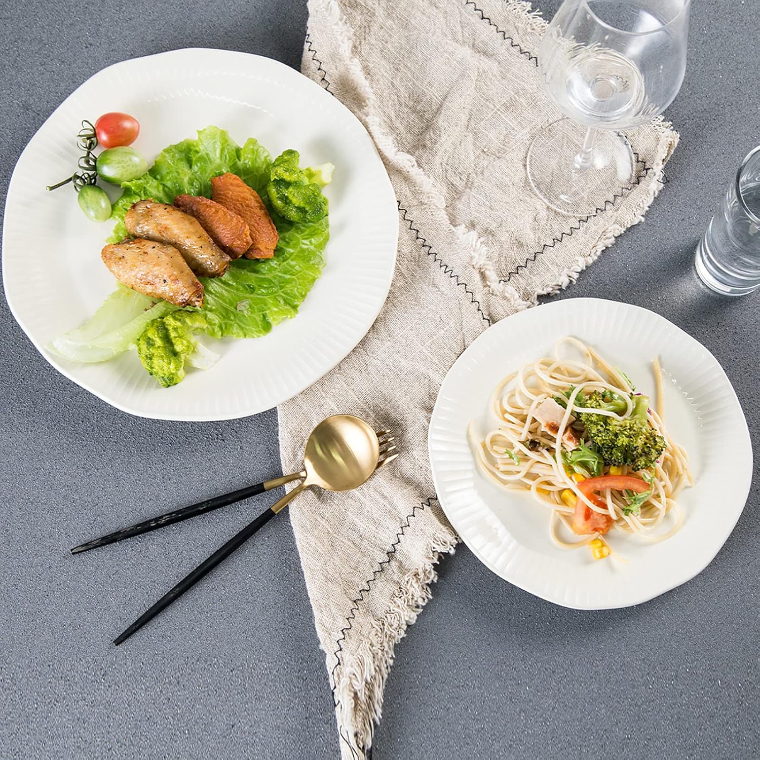  | Ceramic Dinner Plates Set of 4, Hasense Ivory White Dish Set Serving Plates, 10.6" Kitchen Porcelain Serving Dishes, Lotus Leaf Shape Modern Plate Set Microwave Oven and Dishwasher Safe: Dinner Plates