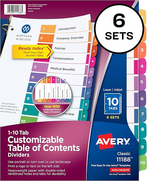 Avery 10 Tab Dividers For 3 Ring Binders Customizable Table Of Contents Multicolor Tabs 6 Sets 11188