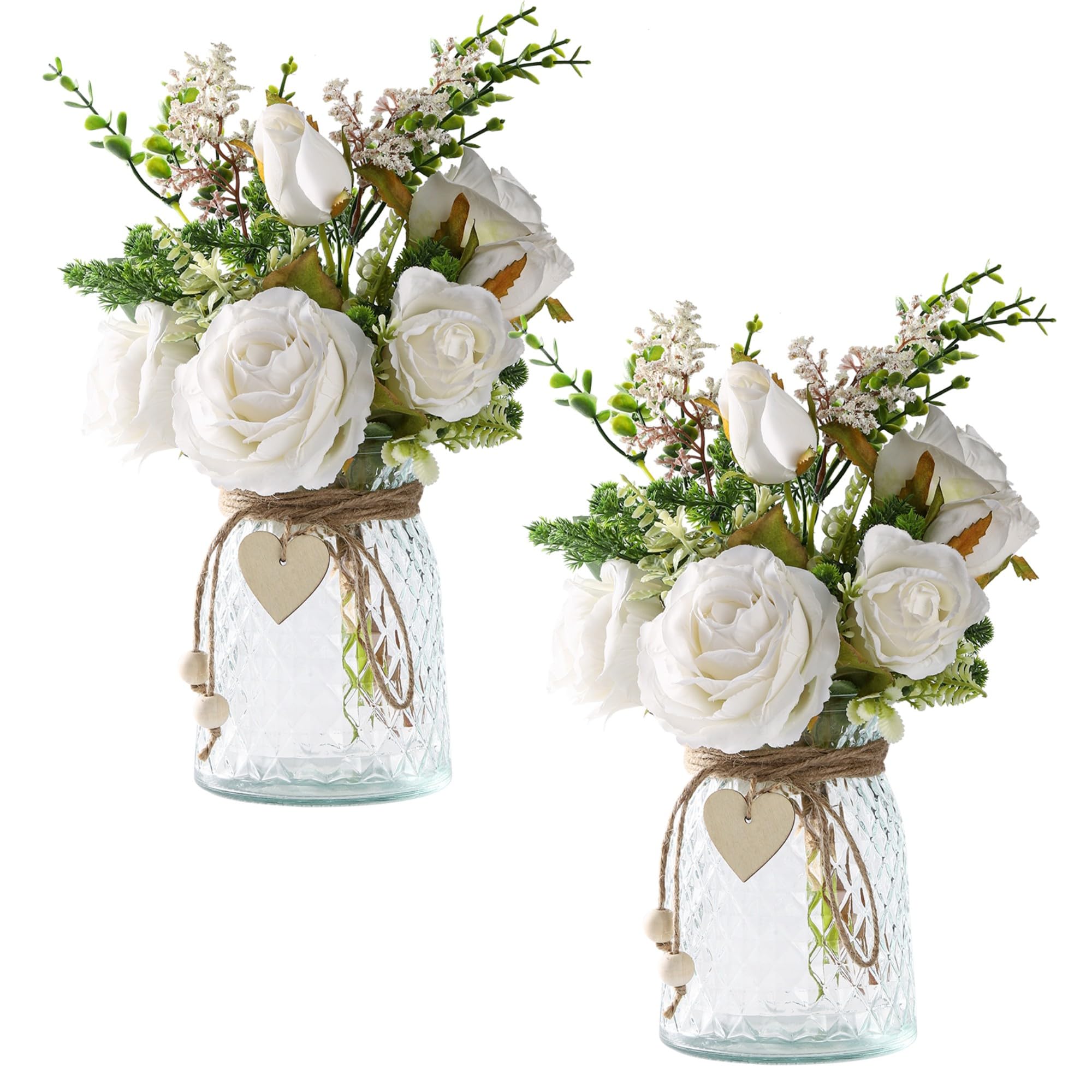 Photo 1 of Flojery 2 Packs Faux Flowers in vase,Fake Flowers with Vase, Artificial Silk Roses in Vase, Artificial Flowers in Vase, Faux Flower Arrangement with Vase for Farmhouse (White with vase)