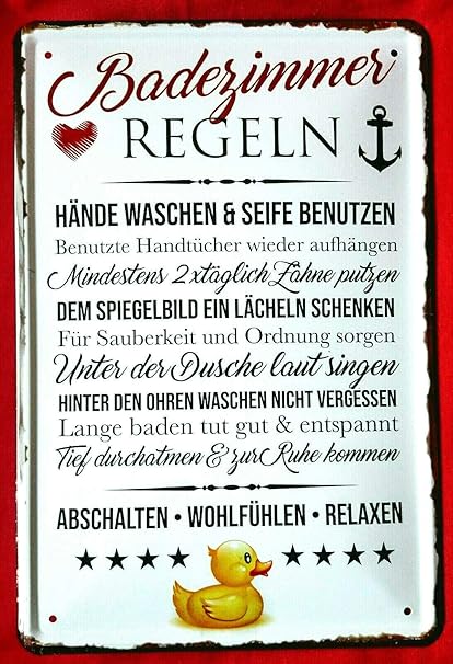 Blechschild 20x30 Cm Badezimmer Regeln Abschalten Wohlfuhlen