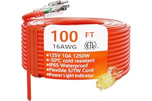 HUANCHAIN 100 ft 16/3 Gauge Outdoor Extension Cord Waterproof with Lighted, Flexible Cold Weather 3 Prong Power Cord Outside, 10A 1250W 125V 16AWG SJTW, Orange, ETL Listed