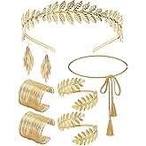 COSUCOS Greek Goddess Costume Accessories Set, 8 Pcs Golden Sunburst Laurel Leaf Crown Kit with Earring Necklace Bracelet and Arm Cuff, Renfaire Sun Headpiece for Women Renaissance Halloween