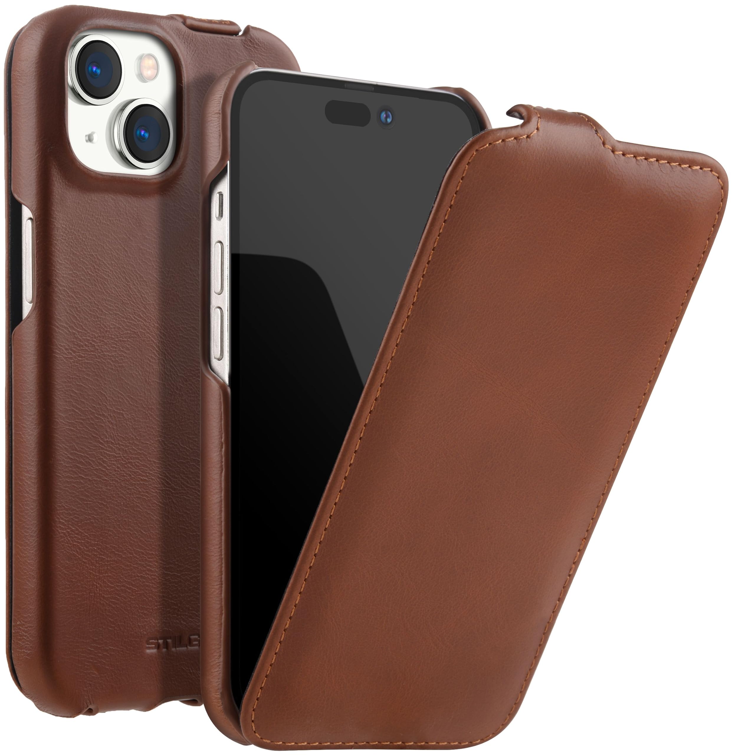 STILGUT UltraSlim Compatible with iPhone 15 Plus Case - Case Compatible with MagSafe Made of Leather, Flip Case, Mobile Phone Case, Leather Case - Cognac