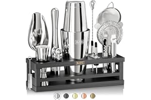 BARE BARREL® Mixology Bartender Kit Bar Set | 16-Piece Cocktail Shaker Set | Martini Barware Mixing Tools for Home Bartending | Incl. 35 Recipe Cards | Gift Set (28oz Boston Shaker, Silver/Black)