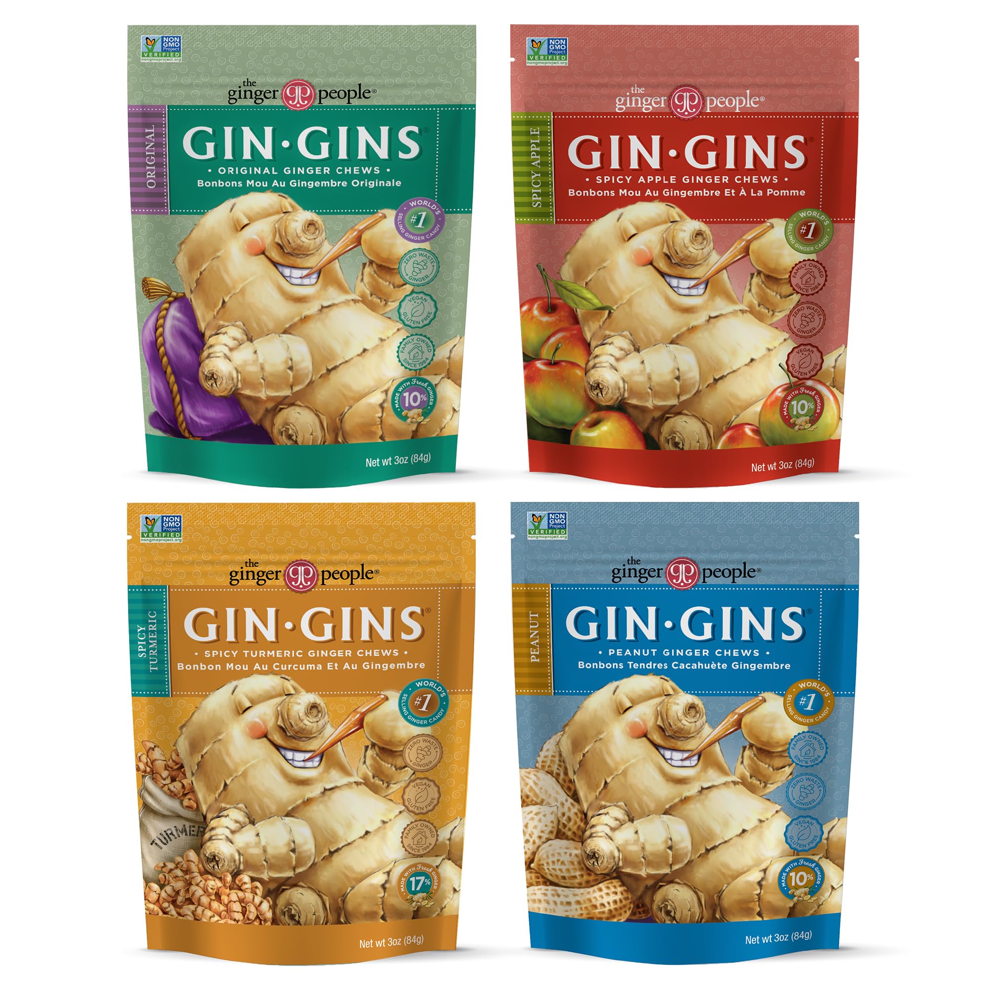 GIN GINS Ginger Chews – Natural Fresh Ginger Candy by The Ginger People – Individually Wrapped Healthy Candy – Original, Apple, Peanut and Turmeric Flavors – Variety Pack – 4 x 3oz bag each flavor (Pack of 4 bags) Image
