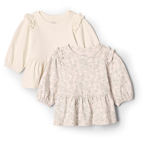 Amazon Essentials x Sofia Grainge Baby Girls' 3/4 Sleeve Knit Top, Pack of 2, Ivory/Sketch Floral, 0-3 Months