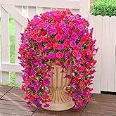 Dolicer 4 Packs Look Real Artificial Flowers for Outdoors, Fake Artificial Hanging Flowers for Outdoors Realistic UV Resistant Faux Hanging Flowers Silk Petunia for Porch Patio (Fuchsia+Rose Red)