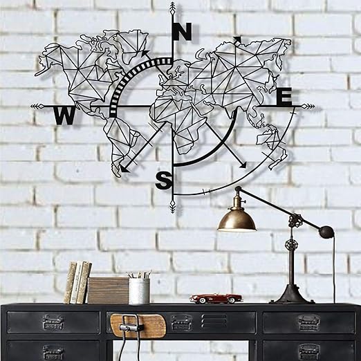 Amazon Com Dekadron Metal World Map Wall Art Geometric Compass