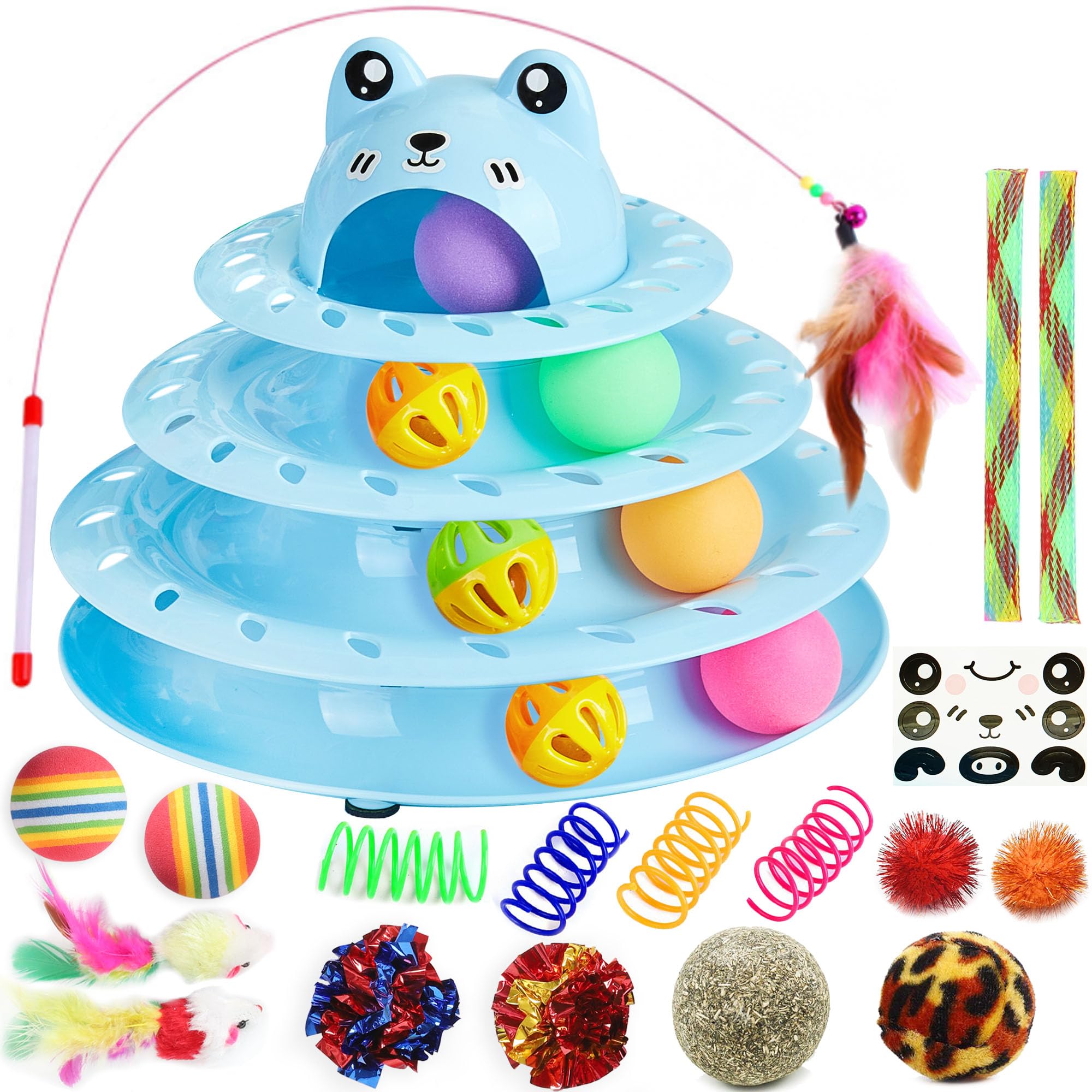 Suhaco 26 PCS Interactive Cat Toys for Indoor Cats Roller 4 Level Track Kitten Toys with 4 Colorful Balls Self Play Kitty Ball Toys Feather Wand Pet Toys for Boredom(Blue)