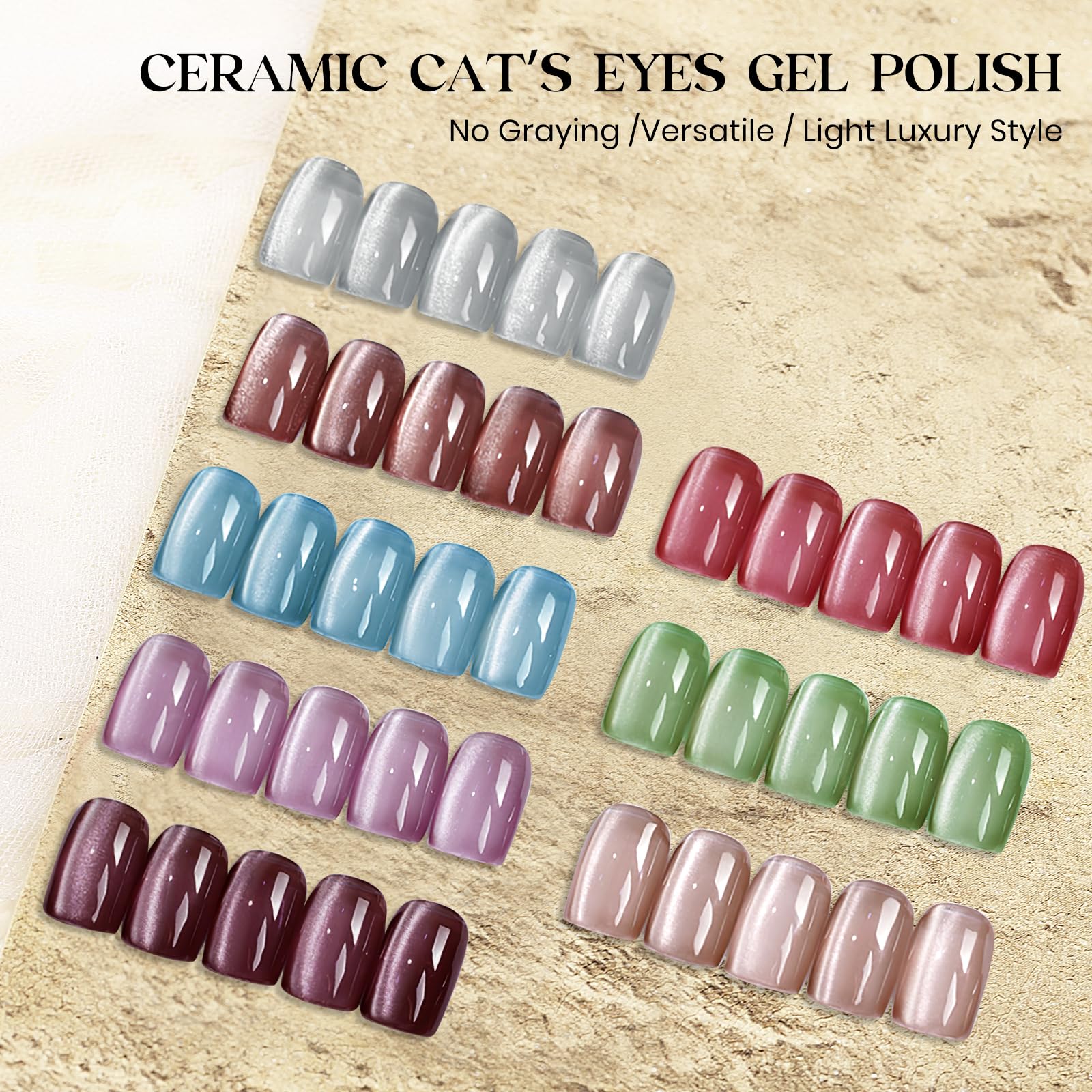 MIZHSE Cat Eye Gel Nail Polish, 8 Colors Ceramic Magnetic Gel Polish Set with Magnet Stick, Crystal Shimmery Silver Brown Green Purple Colors Nail Gel Soak Off Nail Art Salon Home Gift for Women - Image 3