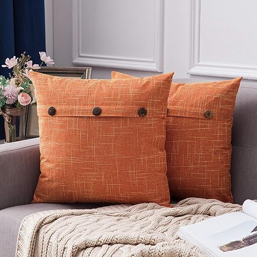 Amazon Com Miulee Set Of 2 Decorative Linen Throw Pillow Covers Cushion Case Triple Button Vintage Farmhouse Pillowcase For Couch Sofa Bed 18 X 18 Inch 45 X 45 Cm Fall Orange Home Kitchen