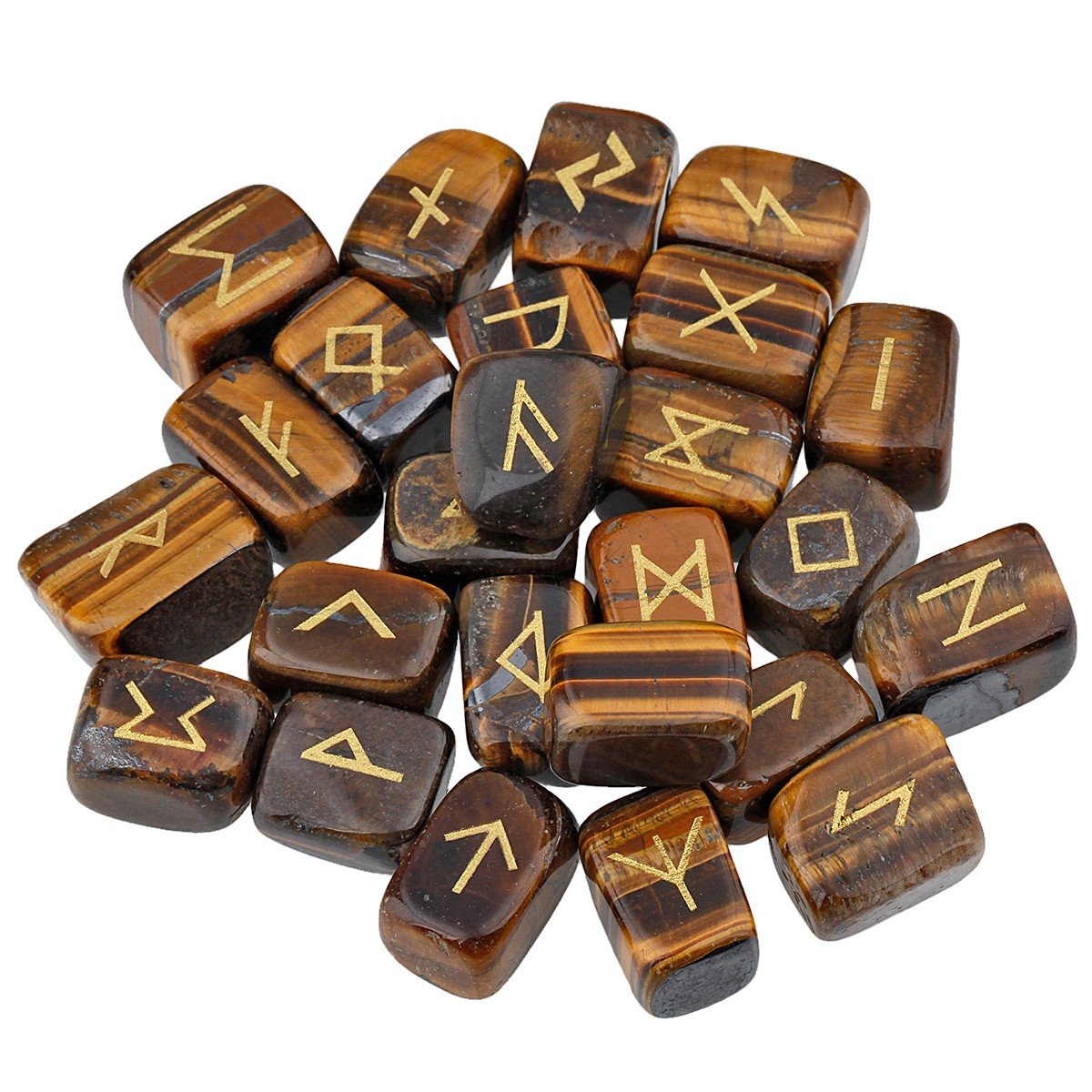 mookaitedecor Natural Tiger Eye Runes Stones Set of 25, Viking Norse Runes with Elder Futhark Alphabet Symbol for Divination Reiki Healing Crystal Witchcraft Pagan Supplies Spiritual Gift Room Decor