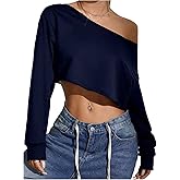 SHENHE Women's Off Shoulder Long Sleeve Crop Sweatshirts Y2k Drop Shoulder Loose Casual Top