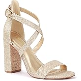 Carcuume Women's Strappy Heels 4-inch Chunky Block Heel Open Toe Ankle Strap Comfortable Party Wedding Shoes