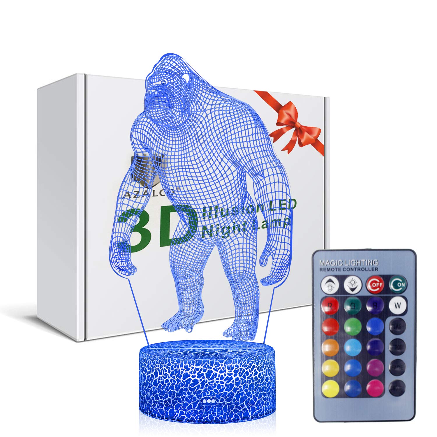 AZALCO 3D Illusion Monkey Gorilla Orangutan Night Lamp 16 Color Change Touch White Crack Base Power by AA Batteries Birthday Gift Present for Boys and Girls