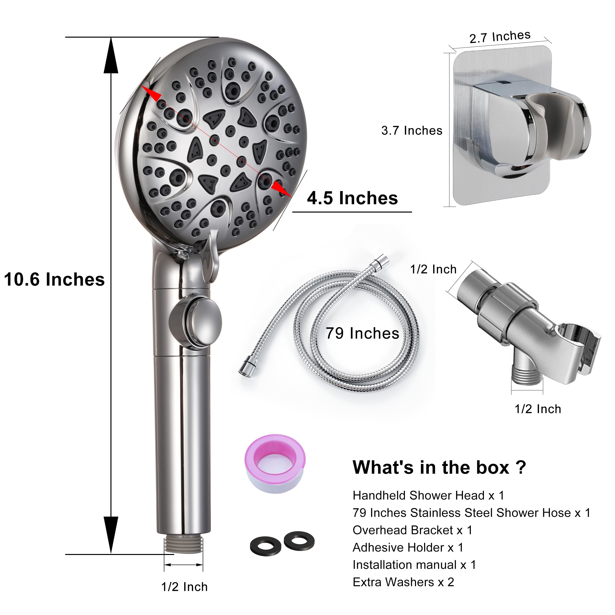 Handheld Shower Head with On Off Switch 8-Mode High Pressure Showerhead with 79 Inches Extra-long Stainless Steel Hose and Bracket PLUS Extra Low-Reach Adhesive Wall Mount for Kids,Silver…