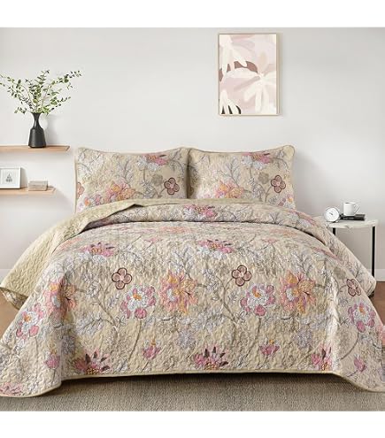 Kids Zone 3-Piece King/Cal King Oversized Quilted Bedspread Set - Coral & Brown Floral Print, 100% Microfiber