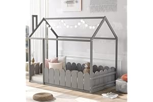 Harper & Bright Designs House Bed for Kids, Full Size Bed with Roof and Fence, Wood Bed Frame for Kids, Teens, Girls & Boys, Easy Assembly (Gray)