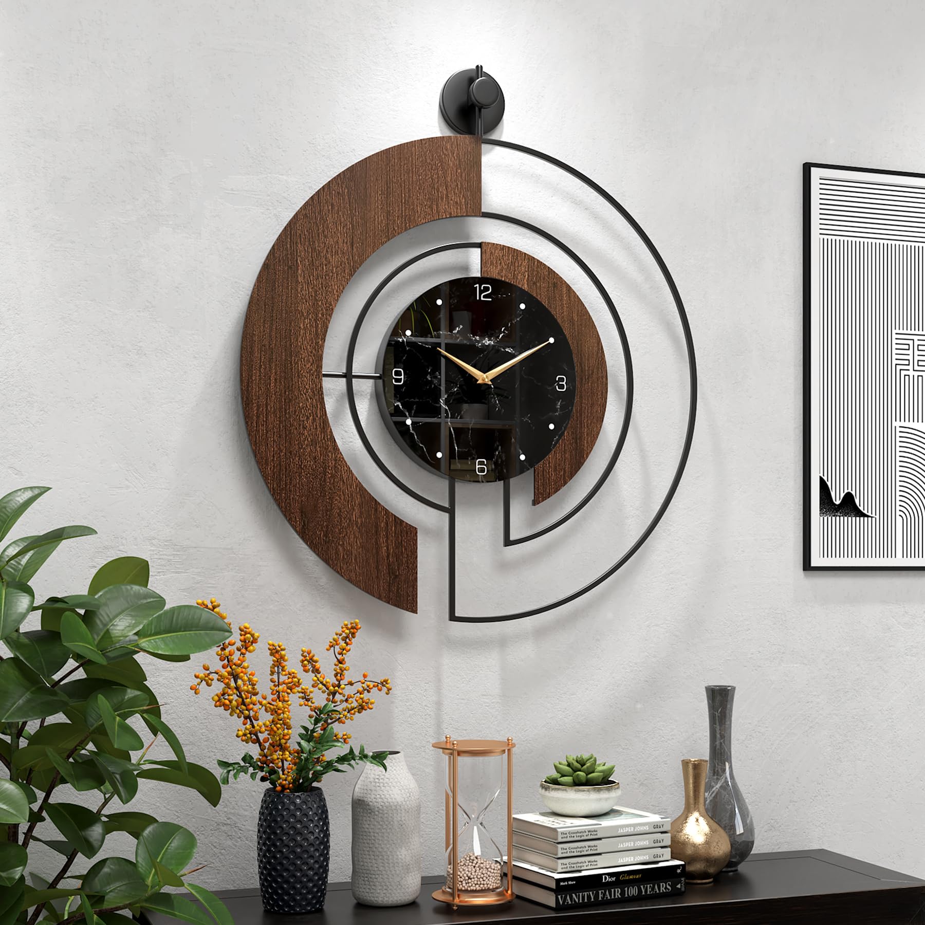 Photo 1 of VIVIFLYSE Modern Walnut Marble Dial Wall Clock, Large Wood Metal Frame Silent Non Ticking Wall Clocks for Living Room, Bedroom Decoration, Contemporary Home Wall Decor Gift Idea, 26.4 in