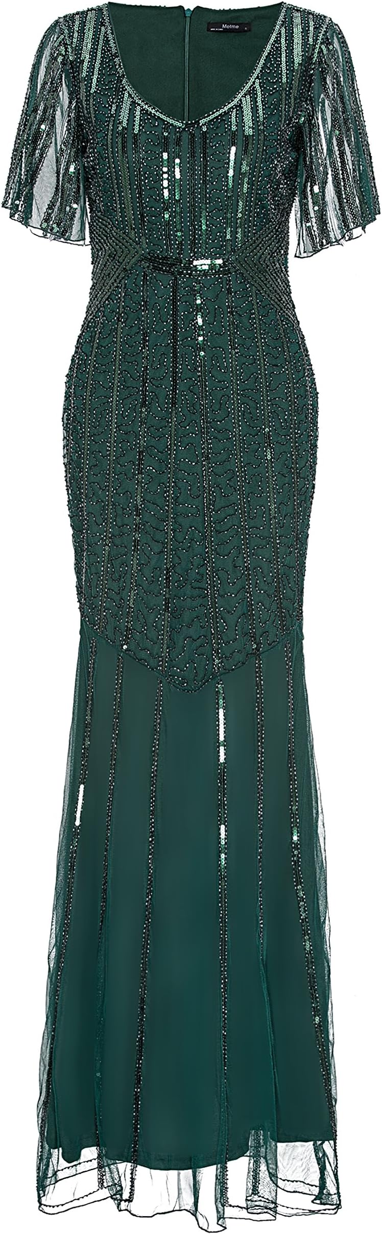 Women’s 1920s Retro Open Fork Sleeve Fishtail Hem Sequined Beaded Long Gatsby Prom Dress