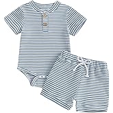 VISGOGO Baby Boy Shorts Set Newborn Infant Summer Outfit Striped Half Button-up Short Sleeve Bodysuit Elastic Waist Shorts