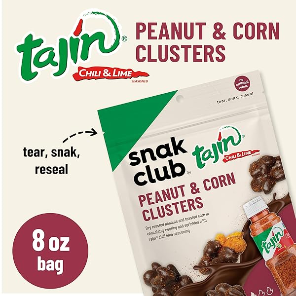 SNAK CLUB TAJIN CHOCOLATEY PEANUT AND CORN CLUSTERS, CHOCOLATE COVERED DRY ROASTED NUTS AND TOASTED CORN NUGGETS WITH CHILI AND LIME SEASONING, MILD, 8 OZ RESEALABLE BAG