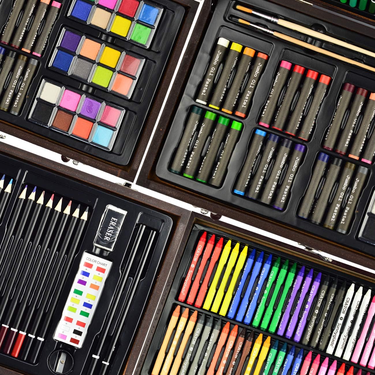 Sunnyglade 145 Piece Deluxe Art Set, Wooden Art Box & Drawing Kit with Crayons, Oil Pastels, Colored Pencils, Watercolor Cakes, Sketch Pencils, Paint Brush, Sharpener, Eraser, Color Chart