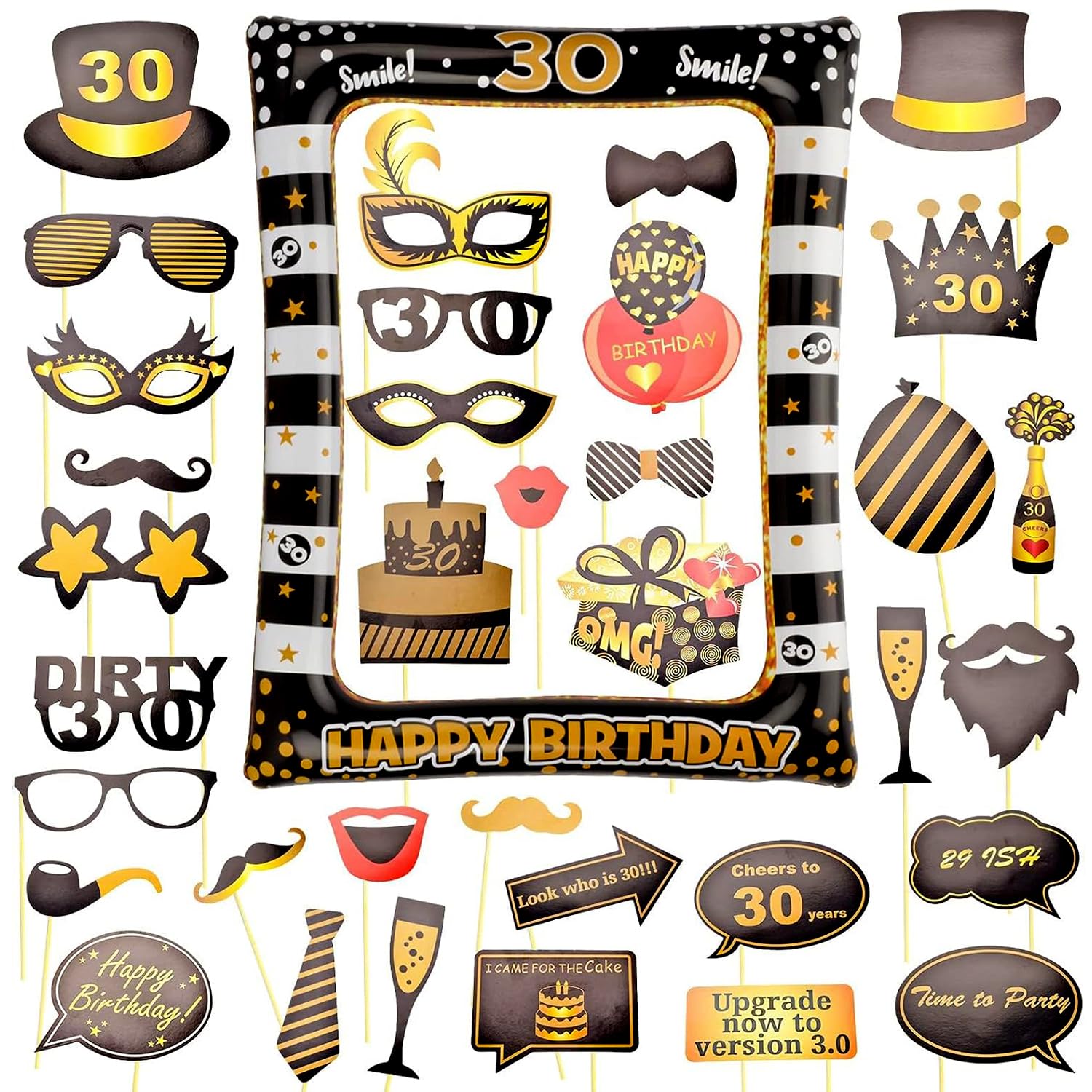 AIBAOBAO 36 Pcs 30th Birthday Inflatable Frame, Black and Gold Party Decorations for Adults Selfie Frame +35 Pcs Funny DIY Photo Booth Props for Ladies Women Men Gift, Family Fun Holiday Supplies