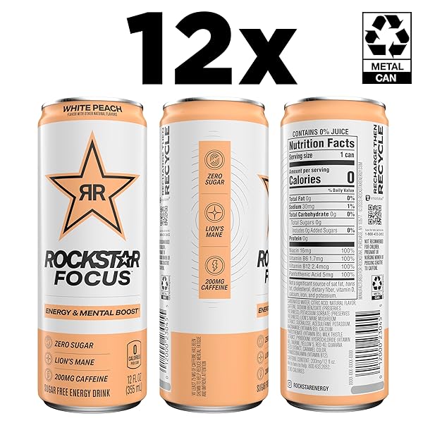 ROCKSTAR FOCUS, WHITE PEACH, 12 FL OZ CANS (PACK OF 12