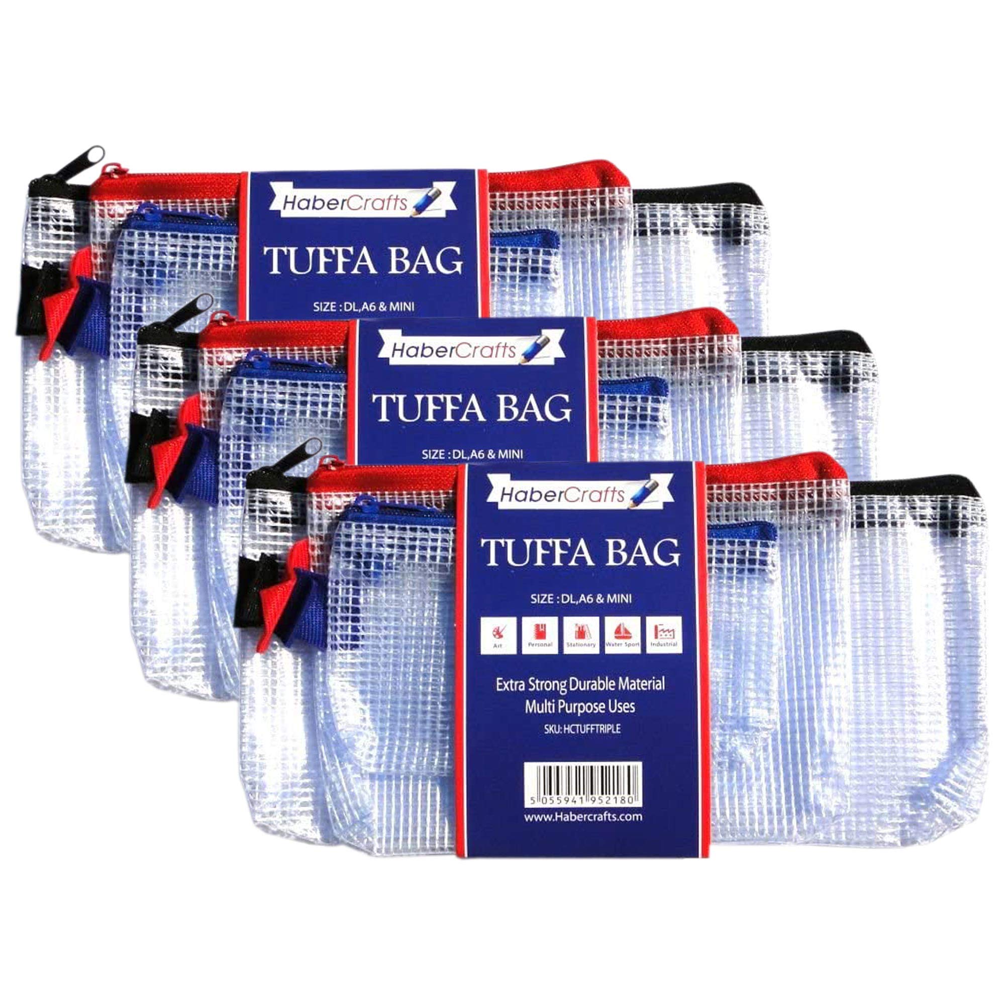 Habercrafts Assorted Pack Tuff Bag Zip Wallet Clear Plastic Wallets Zipped Pouch File Folder Water Resistant Reinforced Heavy Duty Mesh Bags (Assorted Pack Mini/DL/A6-3 Pack)