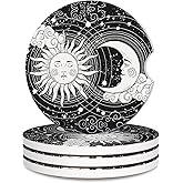 Car Cup Holder Coaster, Car Coasters for Cup Holders, 4 Pack Universal Anti Slip Insert Absorbent Ceramic Auto Interior Accessories with A Finger Notch & Cork Base, Sun Moon