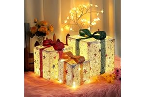 MEKOTRIN Christmas Lighted Gift Boxes, 3 PCS Present Boxes Decorations with 3M Light String (60 LED), 8 Flash Modes & Timer f