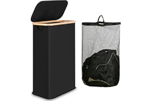 iEGrow 60L Slim Laundry Hamper with Lid Hampers for Laundry,Narrow Laundry Basket with Removable Inner Bag & Bamboo Handles T