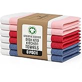GOTS Organic Cotton Kitchen Towels, Set of 6 Oversized (20 x 30 in) | Striped Dish Towels & Tea Towels | Soft, Absorbent, Quick-Dry | Hanging Loop
