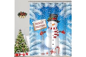 COSEVIER Christmas Shower Curtains for Bathroom, Blue Snowman Christmas Forest Shower Curtain, Merry Christmas Xmas Winter Holiday Bath Curtain Home Décor, 72x72 Inch