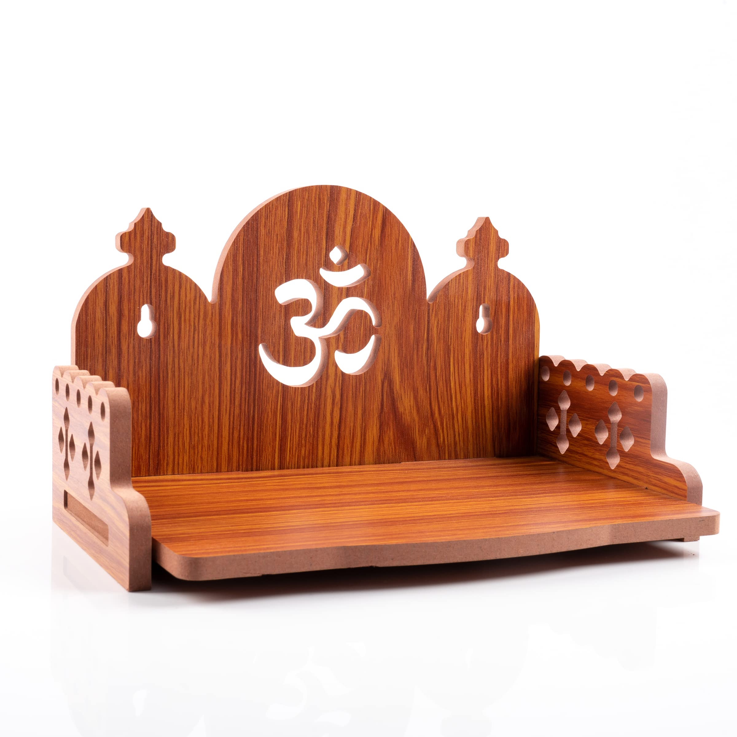 Wooden Wall Mounted Hanging Table top Temple Pooja Mandir Stand Shelf for Storage and Idols Decoration for Home Office and Gifting (Brown- Om Design2)
