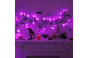 GRASTFU [ Timer & 8 Modes ] 9 FT 72 LED Halloween Willow Vine Twig Decor Halloween Garland with Bats Purple Lights, Battery Operated Halloween Lights for Indoor Halloween Decorations Home Mantle Fireplace