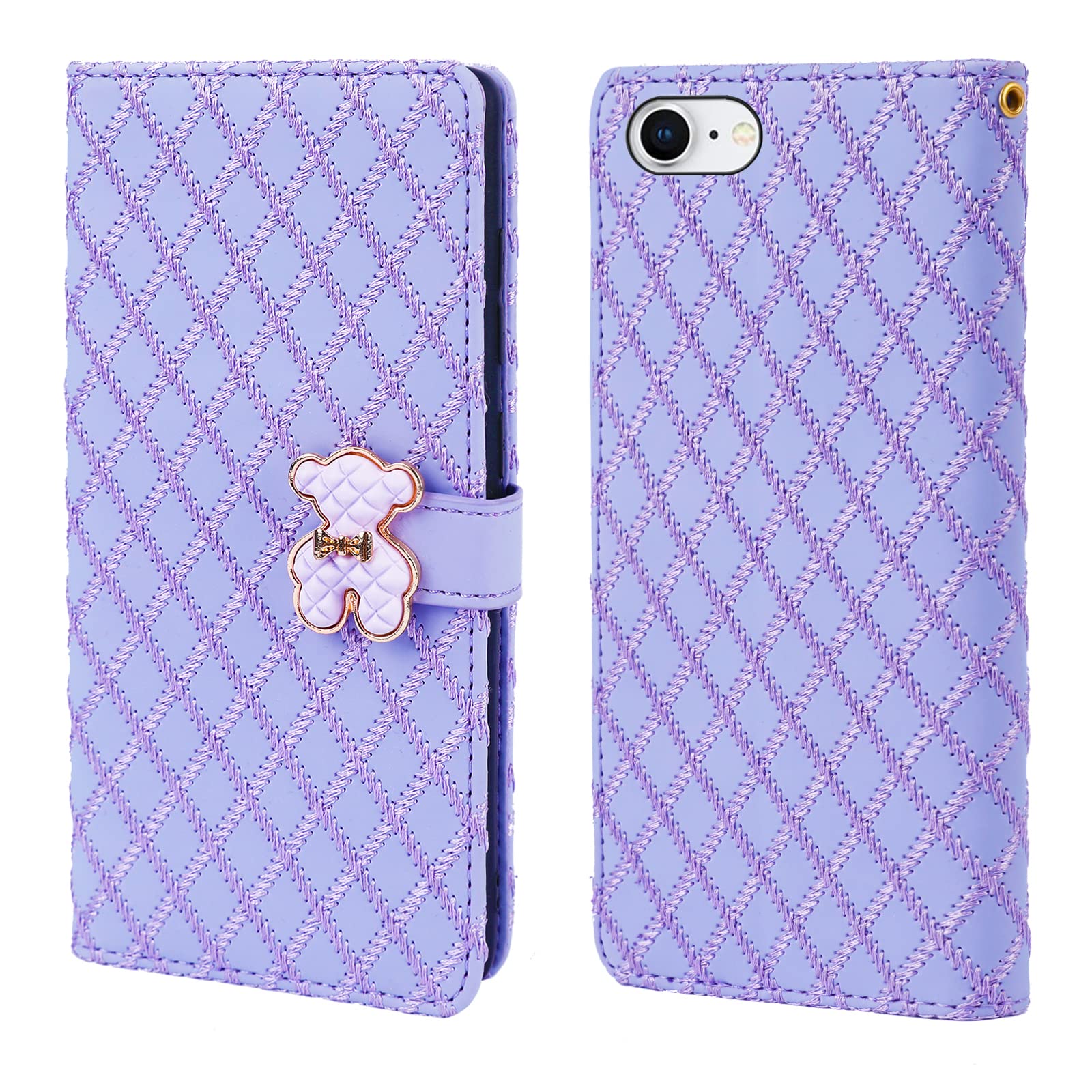 Tiyoo iPhone 7/8/SE Phone Case with Card Holder, 3D Metal Bear Magnetic Closure, Embroidered Purple Wallet Case for Girls(iPhone 7/8/SE)