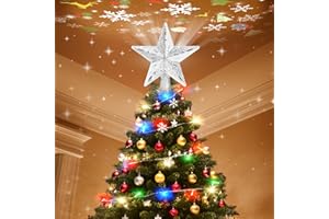 PLIMOOK Christmas Tree Topper Star Lighted with 32FT Decorative Light, Christmas Star Tree Topper with 6 Patterns Projector,Silver Tree Topper 3D Glitter LED Rotating Colorful Lights for Christmas Decoration