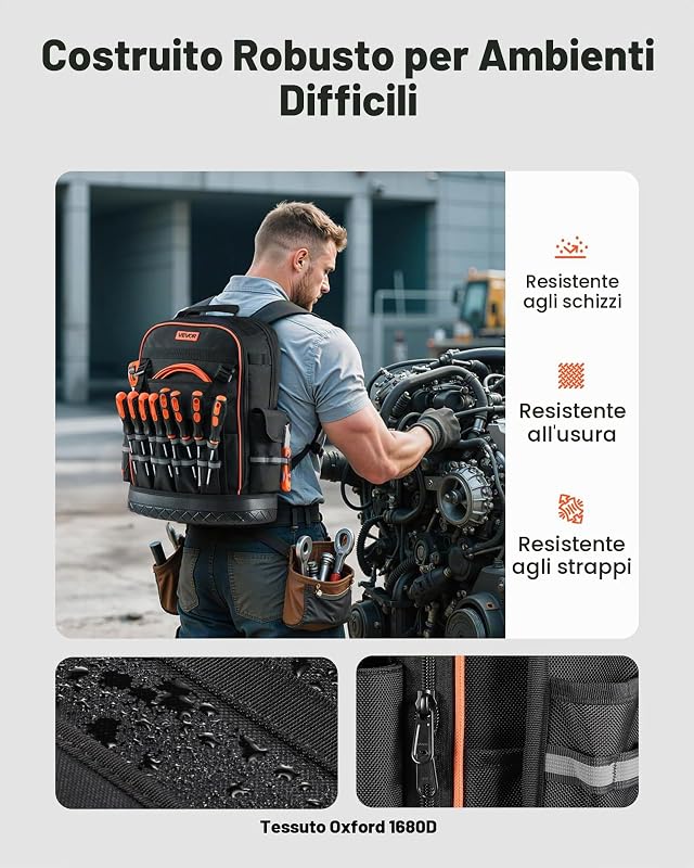 Zaino Portautensili, 64 Tasche, per Attrezzi Pesanti, Zaino da Lavoro con Scomparto per Laptop e Base Sagomata, Borsa da Cantiere per Elettricisti, Riparatori e Tecnici HVAC Nero