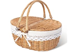 GRANNY SAYS Picnic Basket, Wicker Basket with Lid, Woven Cute Basket with Handle, Storage Basket with Washable Lining & Dual-Flid Lid, Natural Willow Picnic Hamper, White Lining
