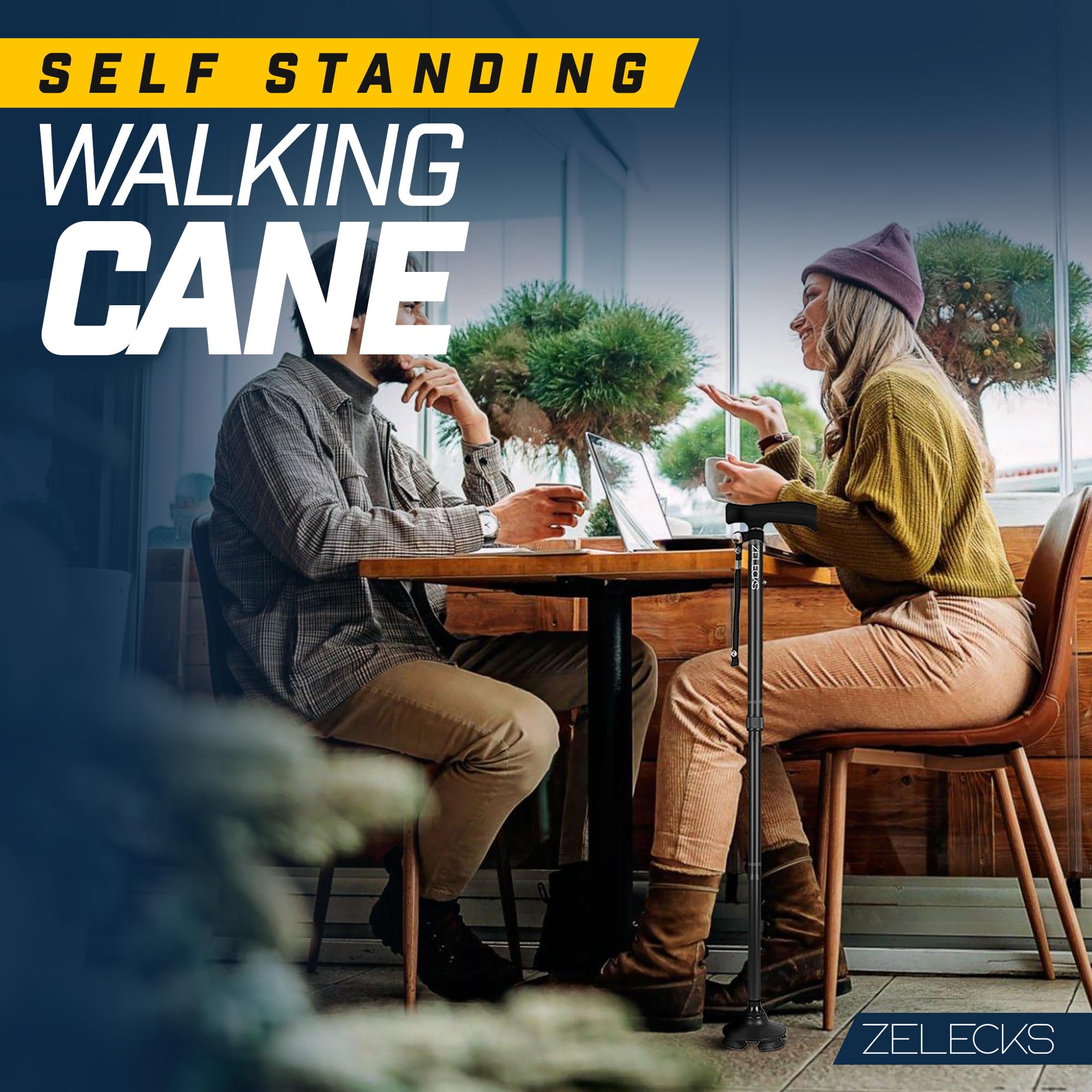 Walking Cane for Women & Men - Self Standing Adjustable Folding Cane with T Handle and 360 Pivot Base - Lightweight Foldable Walking Stick for Seniors - Collapsible Cane for Walking