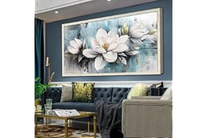 Ardemy Magnolia Wall Art Framed Canvas Wall Decor Living Room, White Floral Picture Wall Decor Teal Painting Flower Textured Extra Large Artwork for Bedroom Dining Room Home Office 58"x29"